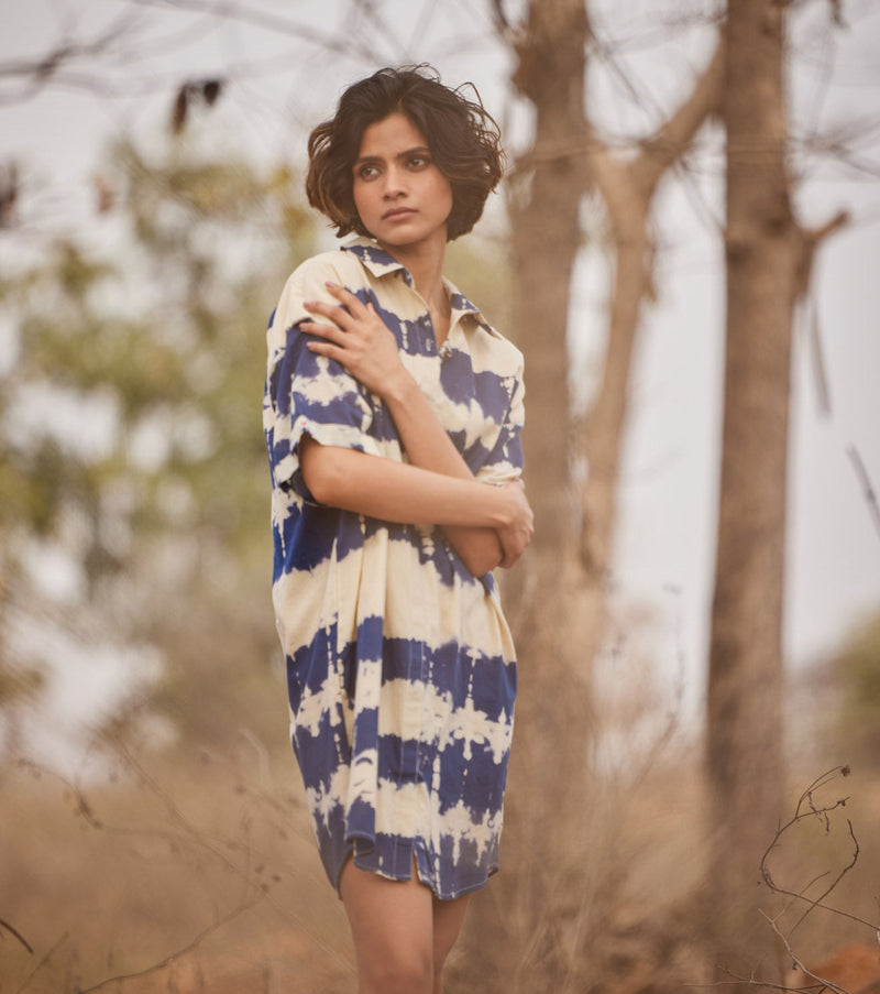 Barish shirt dress cotton by Khara Kapas in blue for women Worldwide