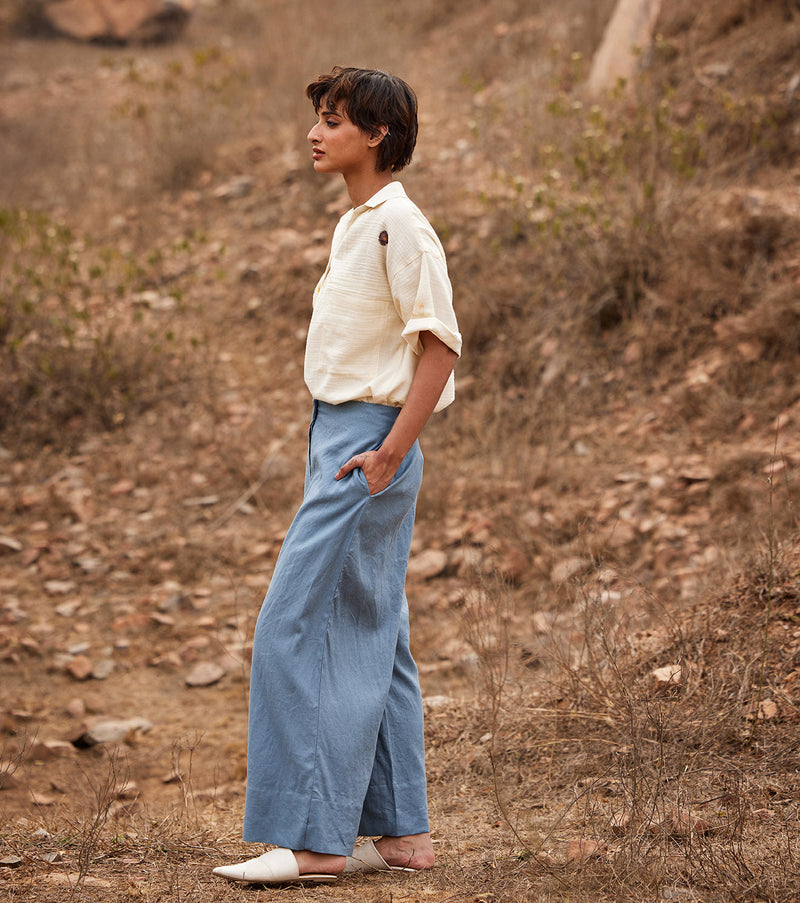 Aasmaan Linen Pants by Khara Kapas in blue for women Worldwide