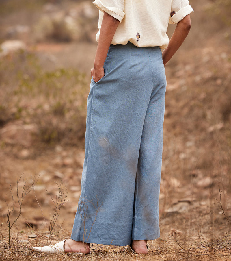Aasmaan Linen Pants by Khara Kapas in blue for women Worldwide