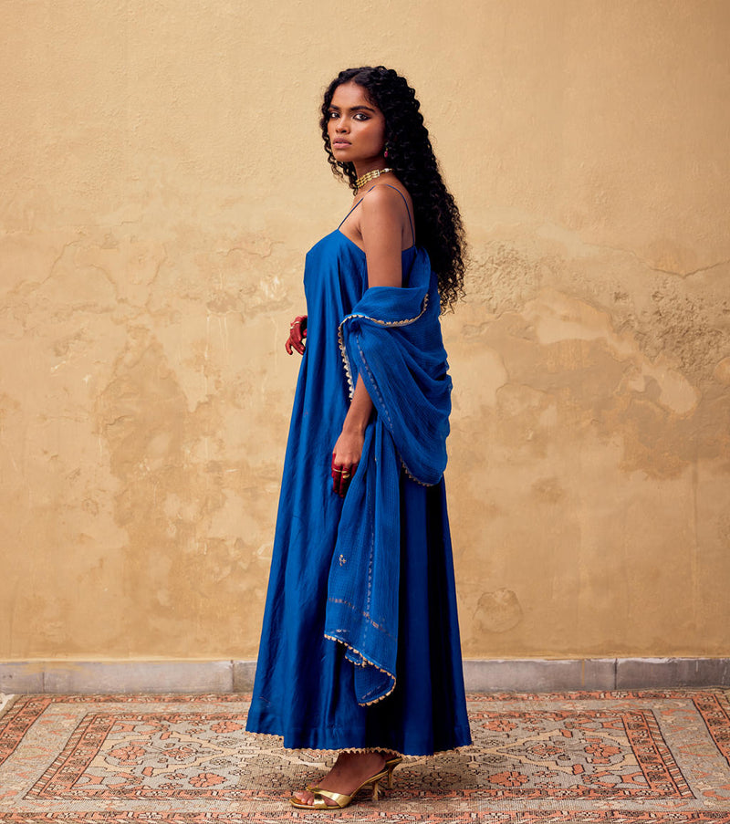 Morni Dress with Dupatta chanderi by Khara Kapas in blue for women Worldwide