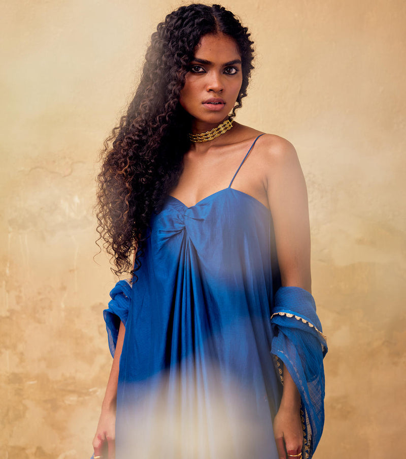 Morni Dress with Dupatta chanderi by Khara Kapas in blue for women Worldwide