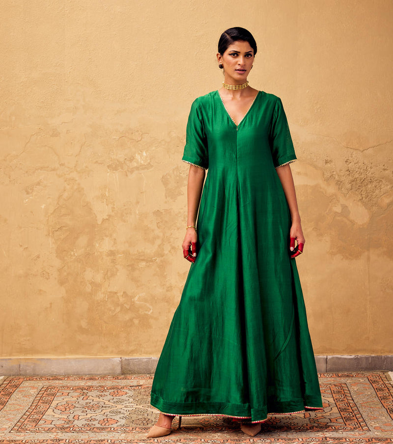 Gulzar Jumpsuit chanderi by Khara Kapas in green for women Worldwide