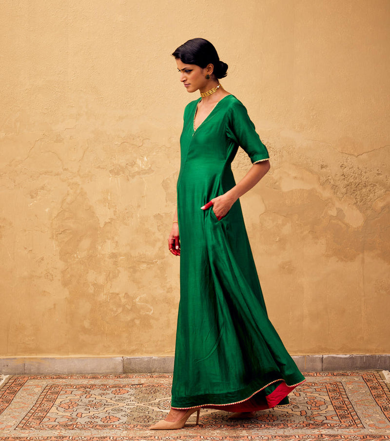 Gulzar Jumpsuit chanderi by Khara Kapas in green for women Worldwide