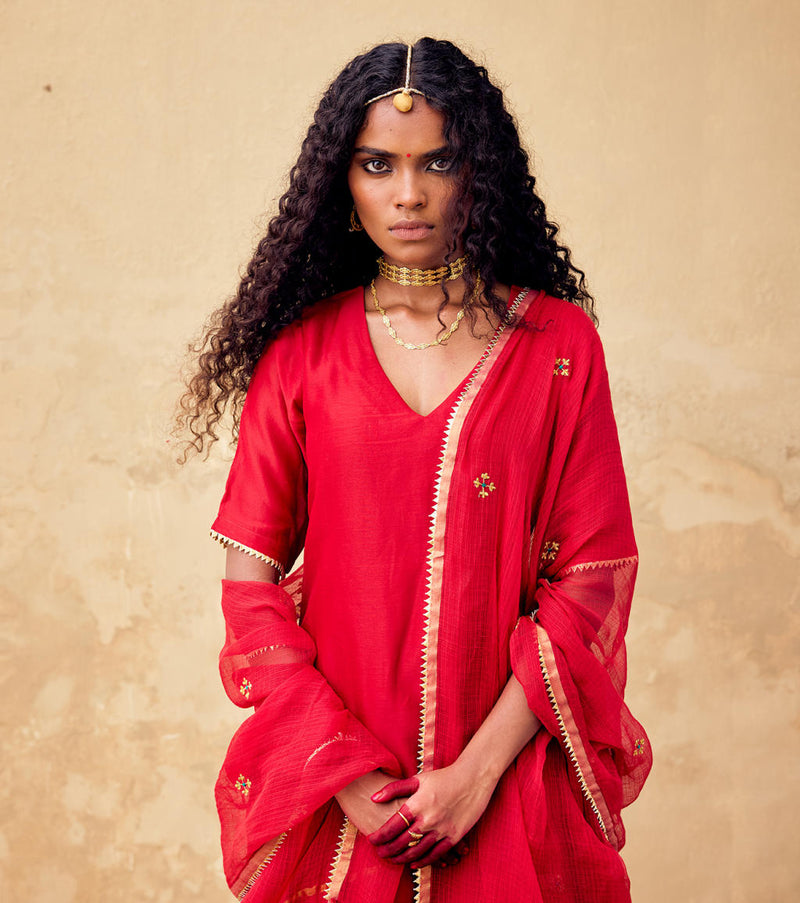 Ishq Sharara set with Dupatta chanderi by Khara Kapas in red for women Worldwide