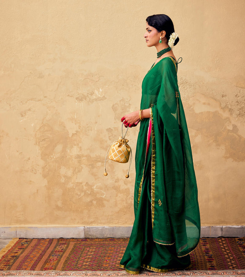 Ghazal Saree with Blouse piece silk by Khara Kapas in green for women Worldwide