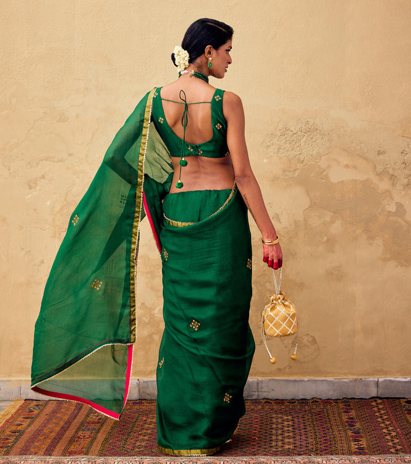 Ghazal Saree with Blouse piece silk by Khara Kapas in green for women Worldwide