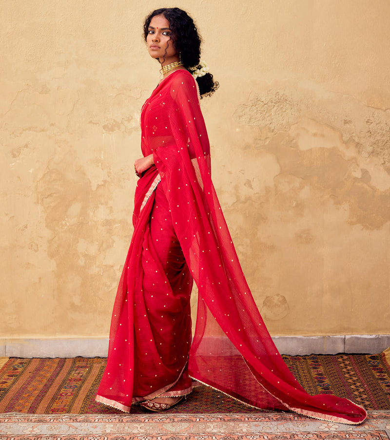 Maharani Saree with Blouse piece silk by Khara Kapas in red for women Worldwide