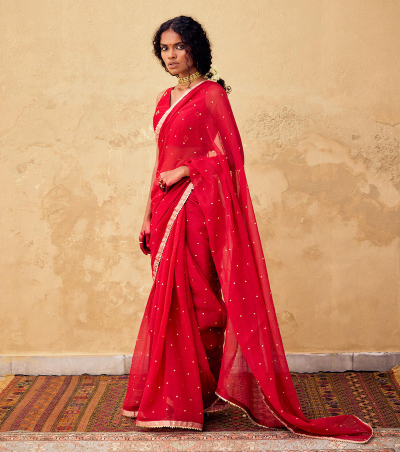 Maharani saree with blouse silk by Khara Kapas in red for women Worldwide