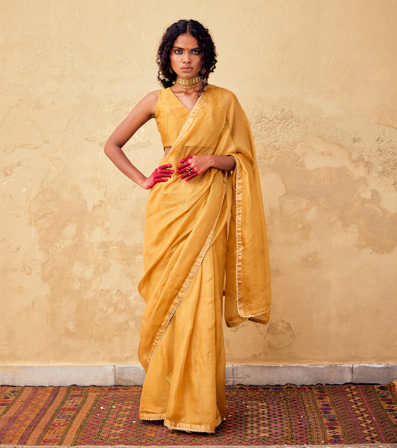 Dhoop saree with blouse silk by Khara Kapas in mustard for women Worldwide