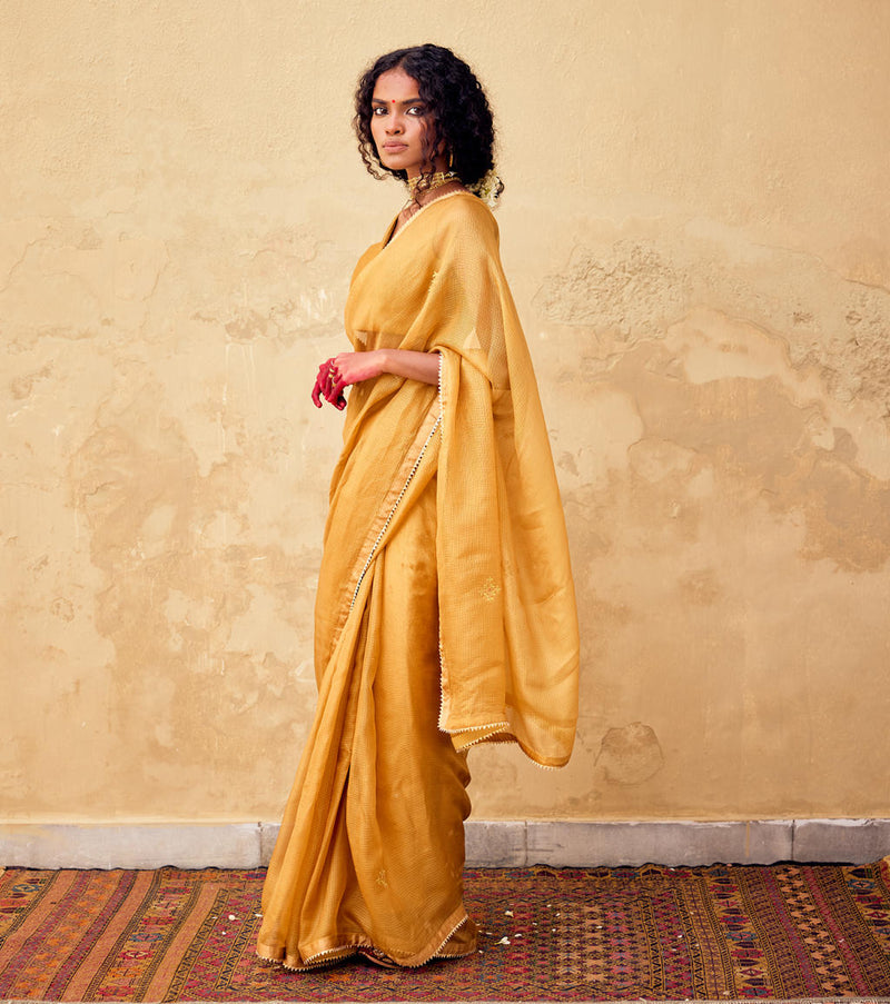 Dhoop Saree with Blouse piece silk by Khara Kapas in mustard for women Worldwide
