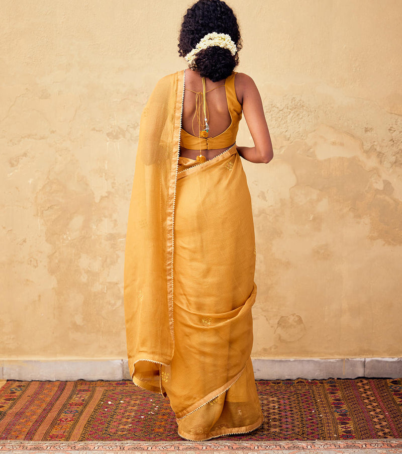 Dhoop saree with blouse silk by Khara Kapas in mustard for women Worldwide