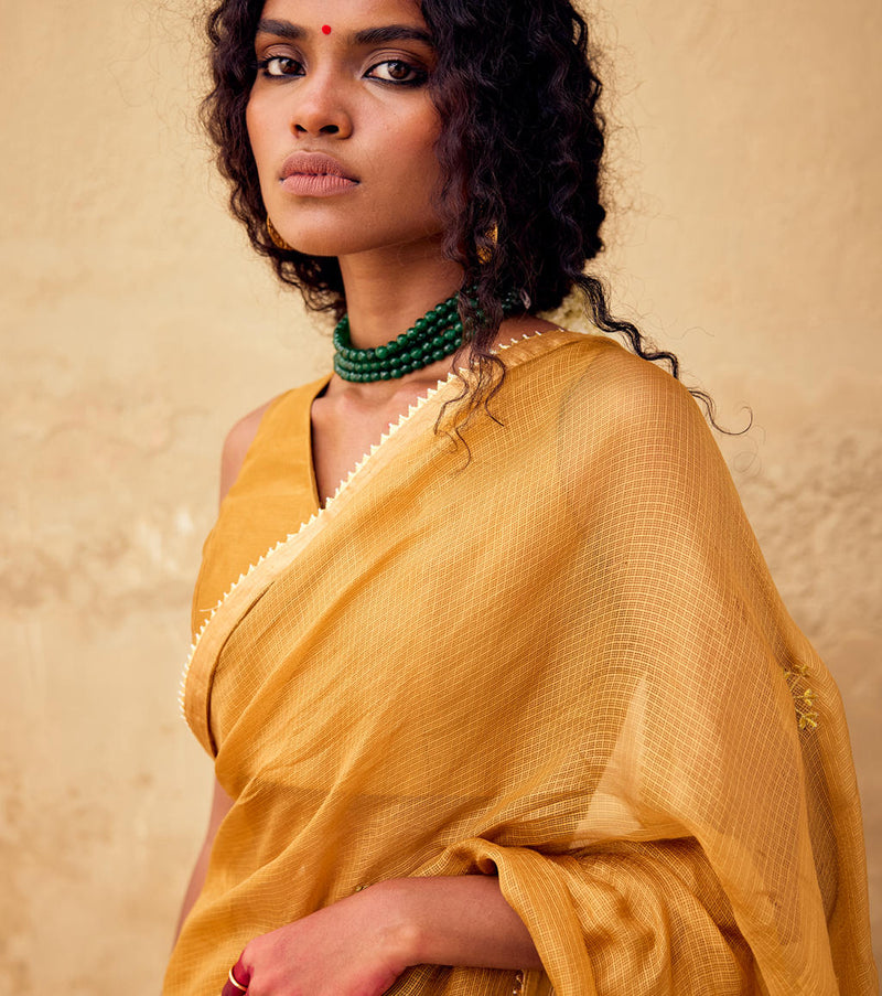 Dhoop Saree with Blouse piece silk by Khara Kapas in mustard for women Worldwide