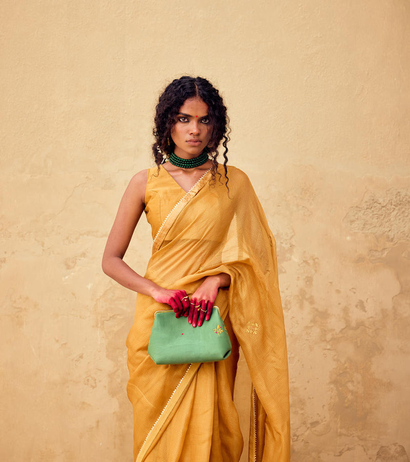 Dhoop saree with blouse silk by Khara Kapas in mustard for women Worldwide