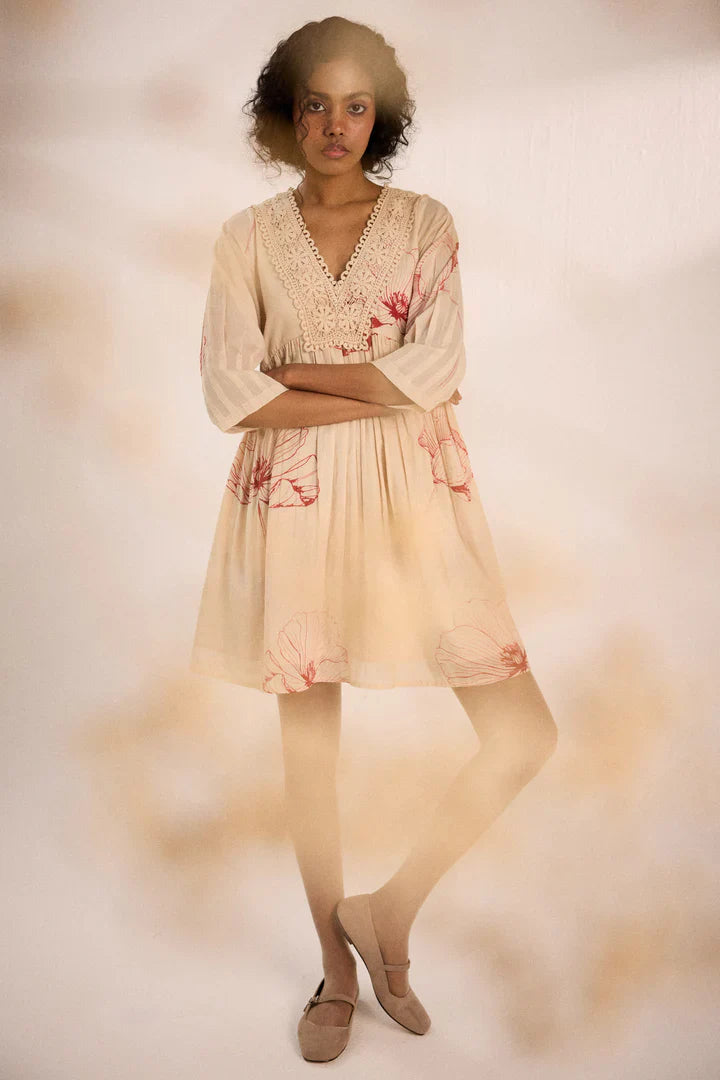 Oatmeal poppy dress by Khara Kapas for women Worldwide