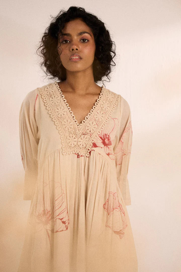 Oatmeal poppy dress by Khara Kapas for women Worldwide
