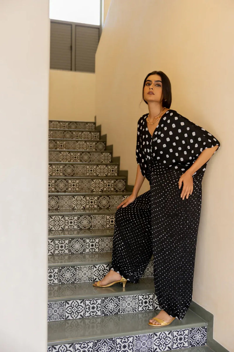 KNOT JUMPSUIT-BLACK silk by Dyelogue in black color for women Worldwide
