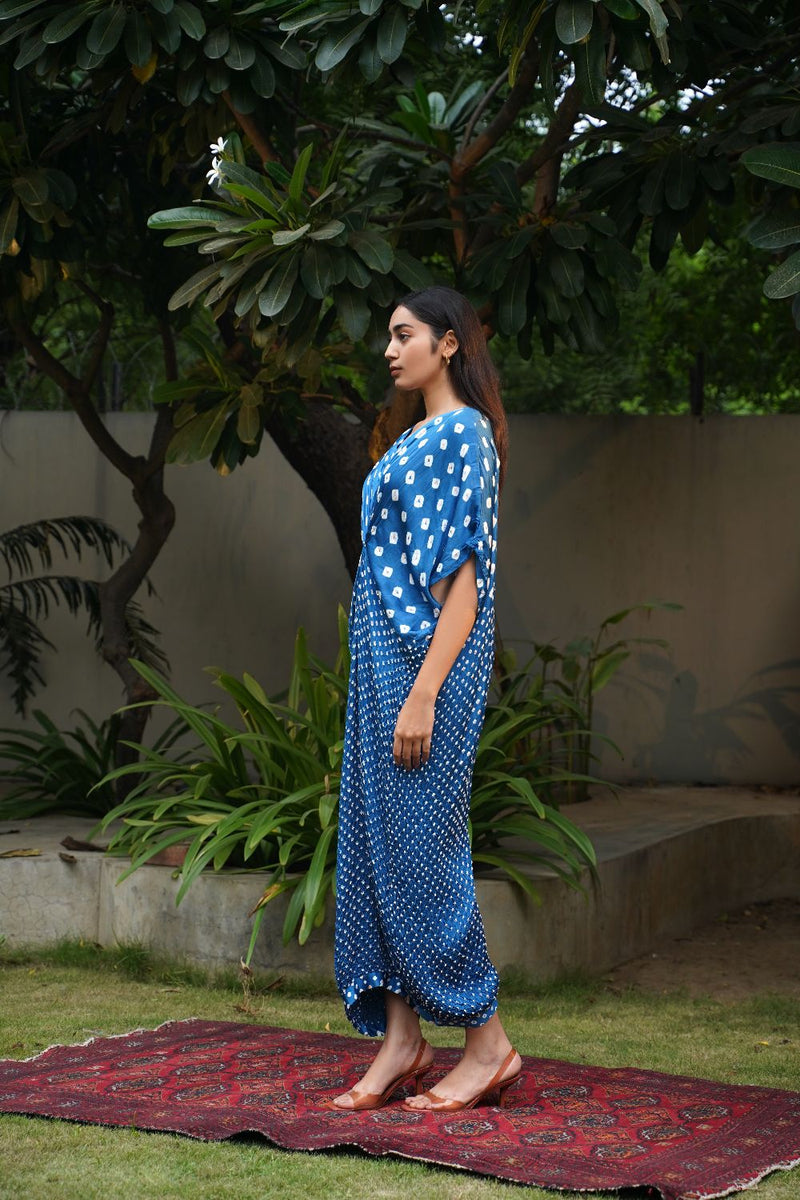 KNOT JUMPSUIT-BLUE silk by Dyelogue in blue color for women Worldwide