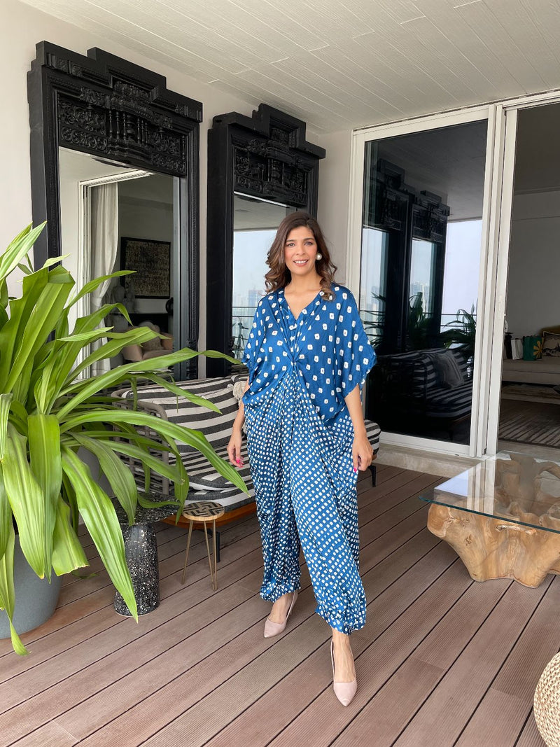 KNOT JUMPSUIT-BLUE silk by Dyelogue in blue color for women Worldwide