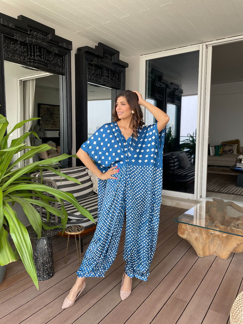 KNOT JUMPSUIT-BLUE silk by Dyelogue in blue color for women Worldwide