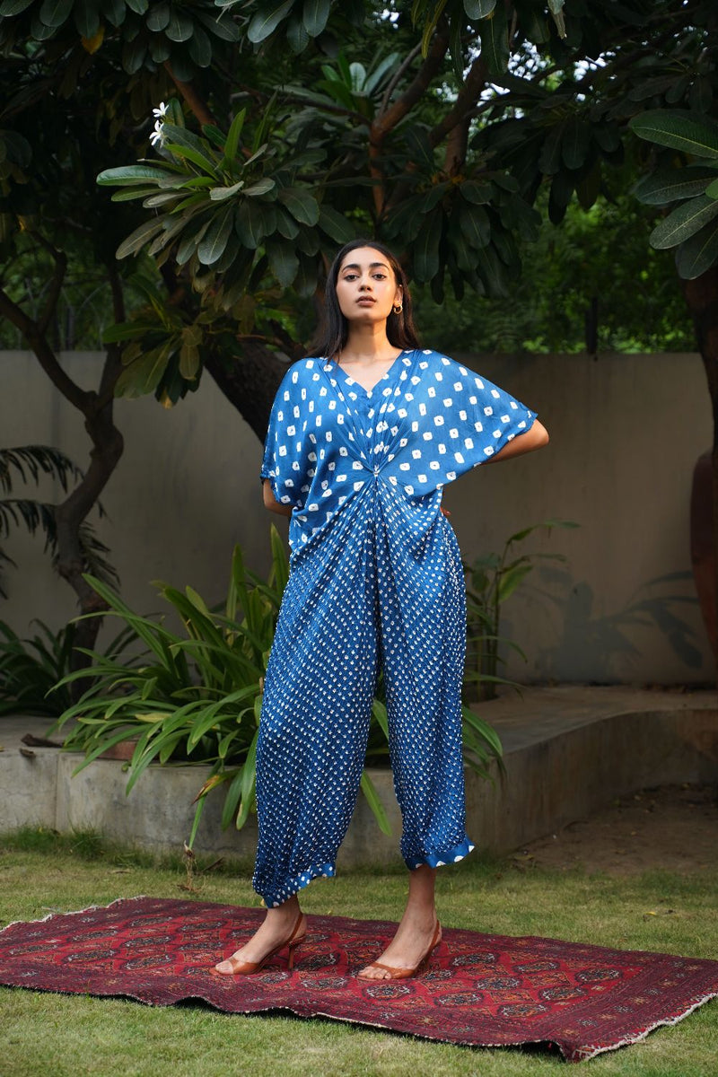 KNOT JUMPSUIT-BLUE silk by Dyelogue in blue color for women Worldwide