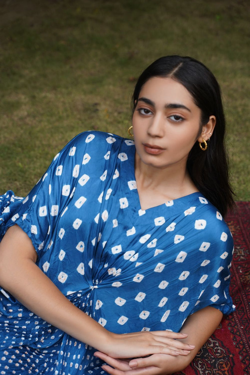 KNOT JUMPSUIT-BLUE silk by Dyelogue in blue color for women Worldwide
