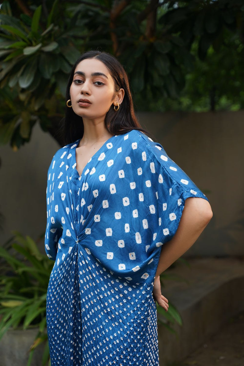 KNOT JUMPSUIT-BLUE silk by Dyelogue in blue color for women Worldwide