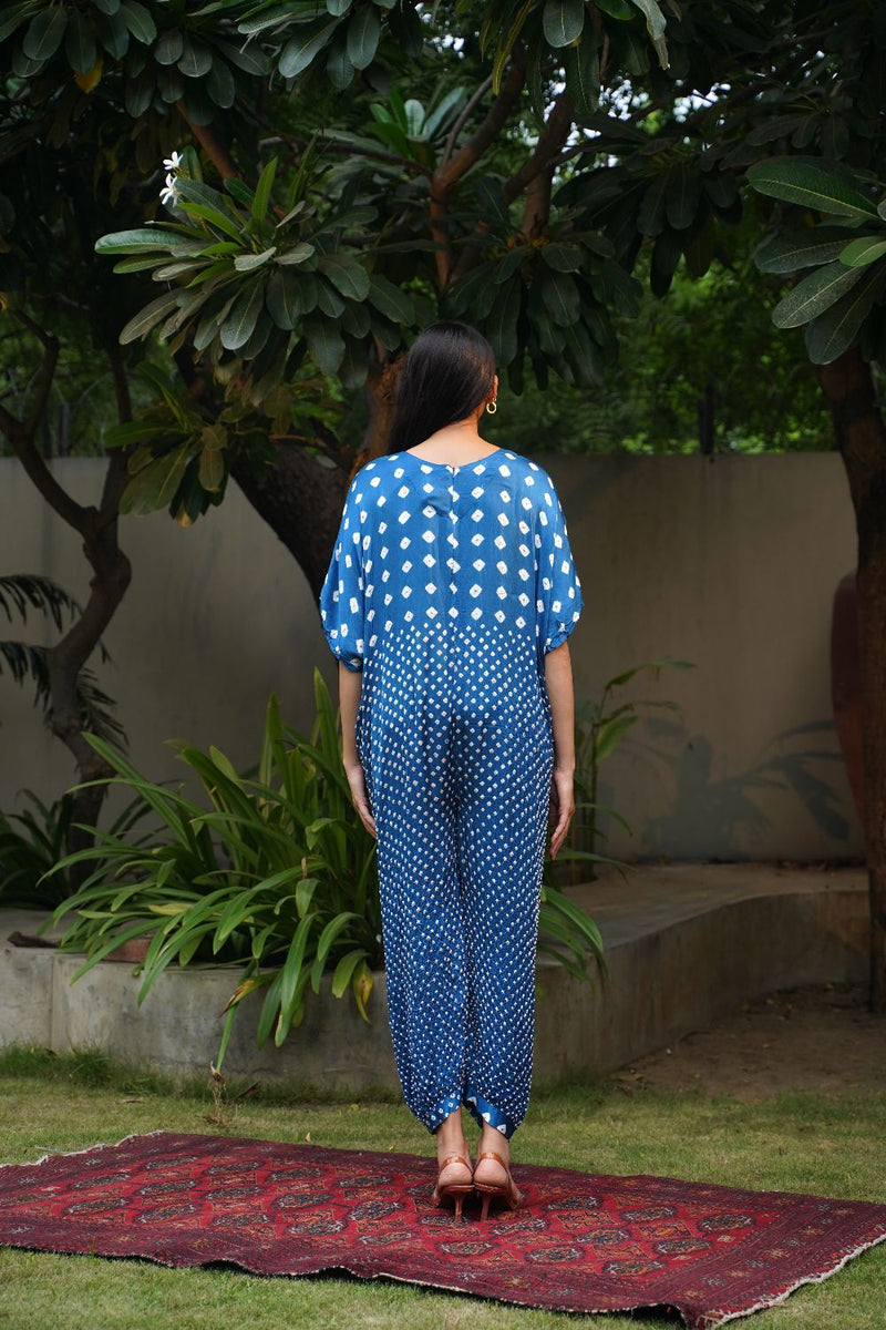 KNOT JUMPSUIT-BLUE silk by Dyelogue in blue color for women Worldwide