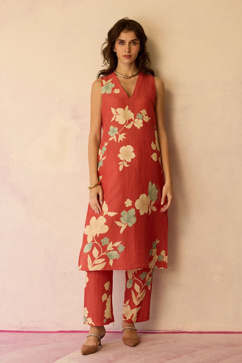 Hibiscus Anaar V-Neck Co-ord Set - Coral cotton by World of SiSa for women Worldwide