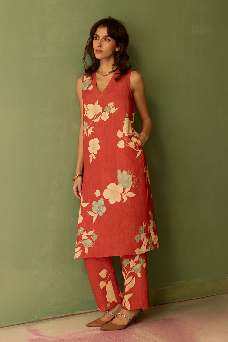 Hibiscus Anaar V-Neck Co-ord Set - Coral cotton by World of SiSa for women Worldwide