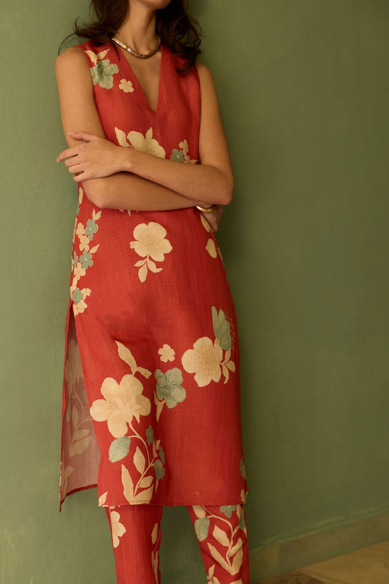 Hibiscus Anaar V-Neck Co-ord Set - Coral cotton by World of SiSa for women Worldwide