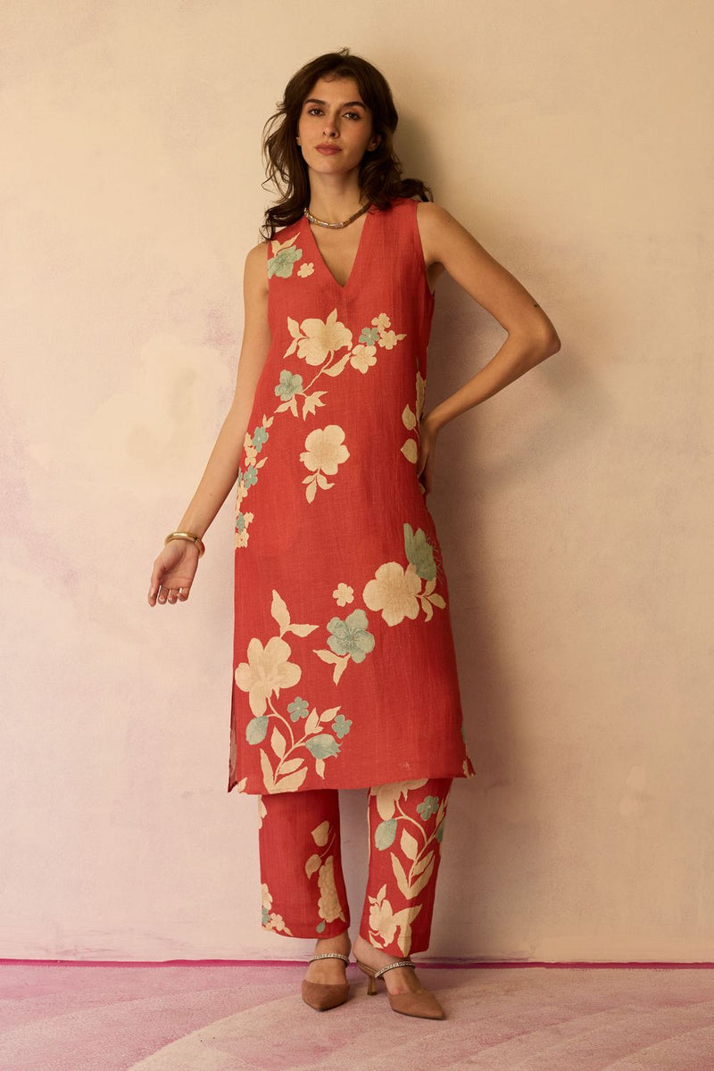 Hibiscus Anaar V-Neck Co-ord Set - Coral cotton by World of SiSa for women Worldwide