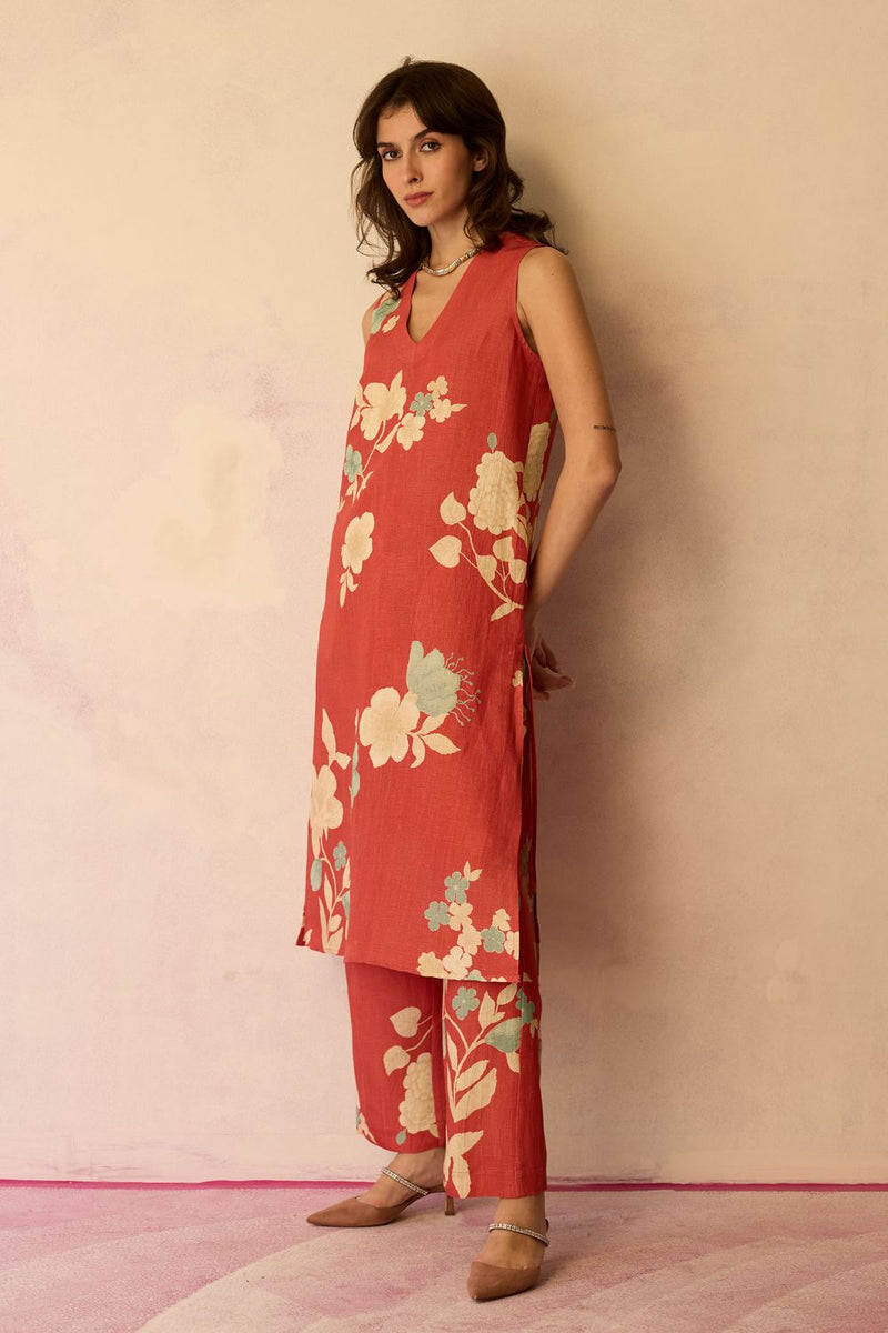 Hibiscus Anaar V-Neck Co-ord Set - Coral cotton by World of SiSa for women Worldwide
