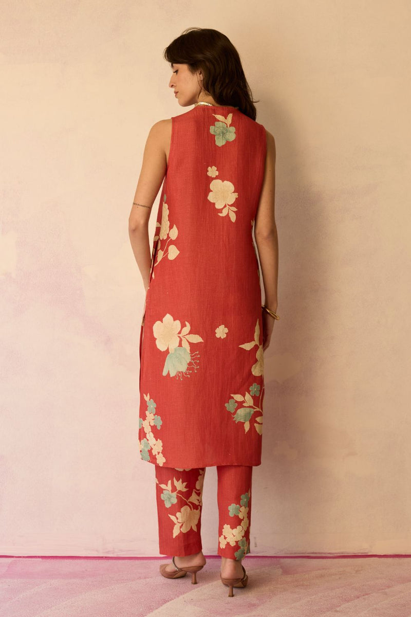 Hibiscus Anaar V-Neck Co-ord Set - Coral cotton by World of SiSa for women Worldwide
