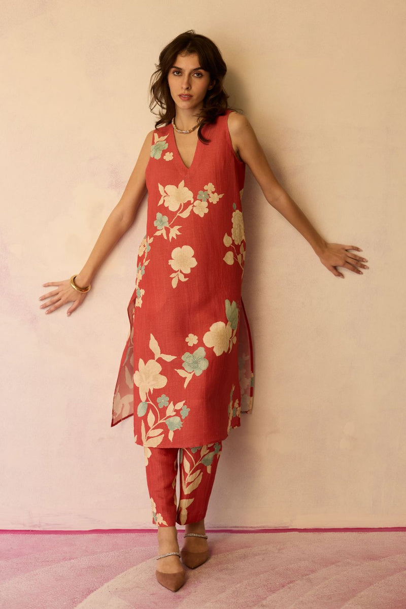 Hibiscus Anaar V-Neck Co-ord Set - Coral cotton by World of SiSa for women Worldwide