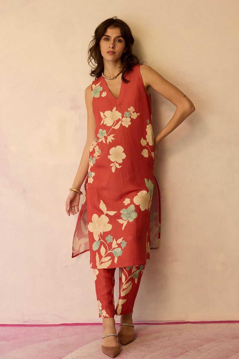 Hibiscus Anaar V-Neck Co-ord Set - Coral cotton by World of SiSa for women Worldwide