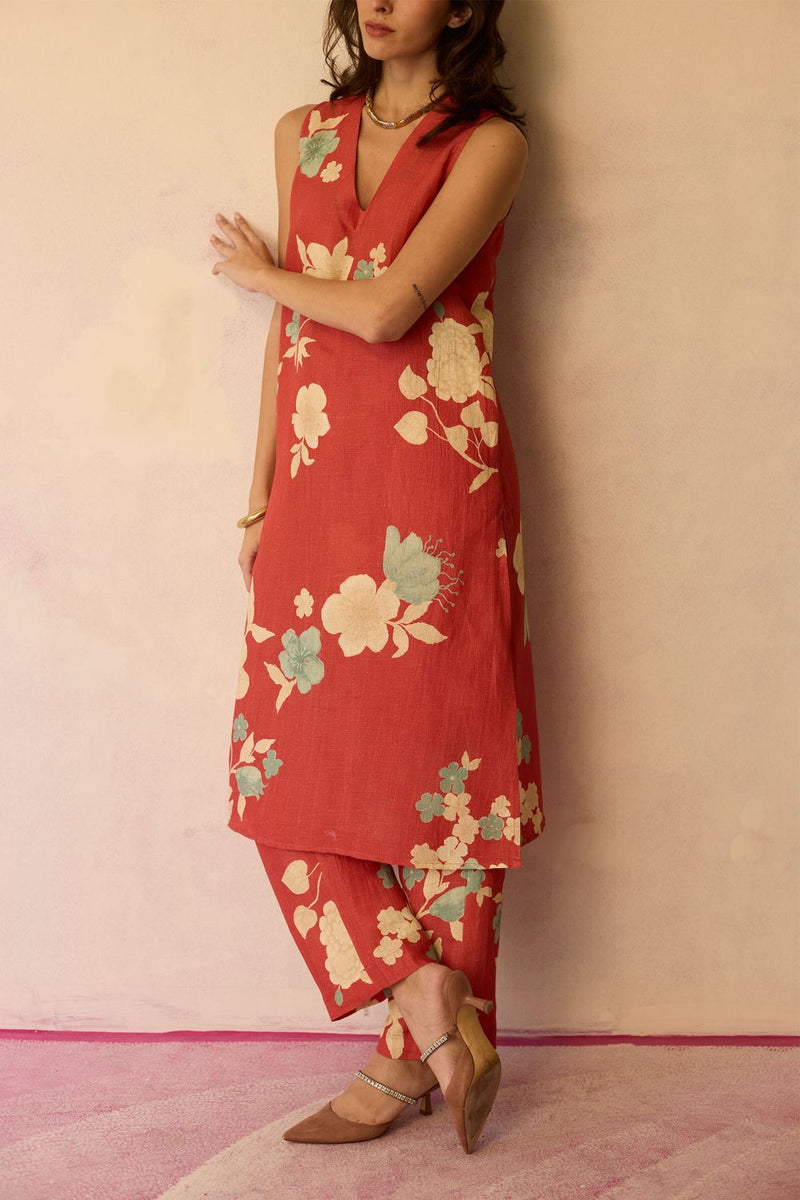 Hibiscus Anaar V-Neck Co-ord Set - Coral cotton by World of SiSa for women Worldwide