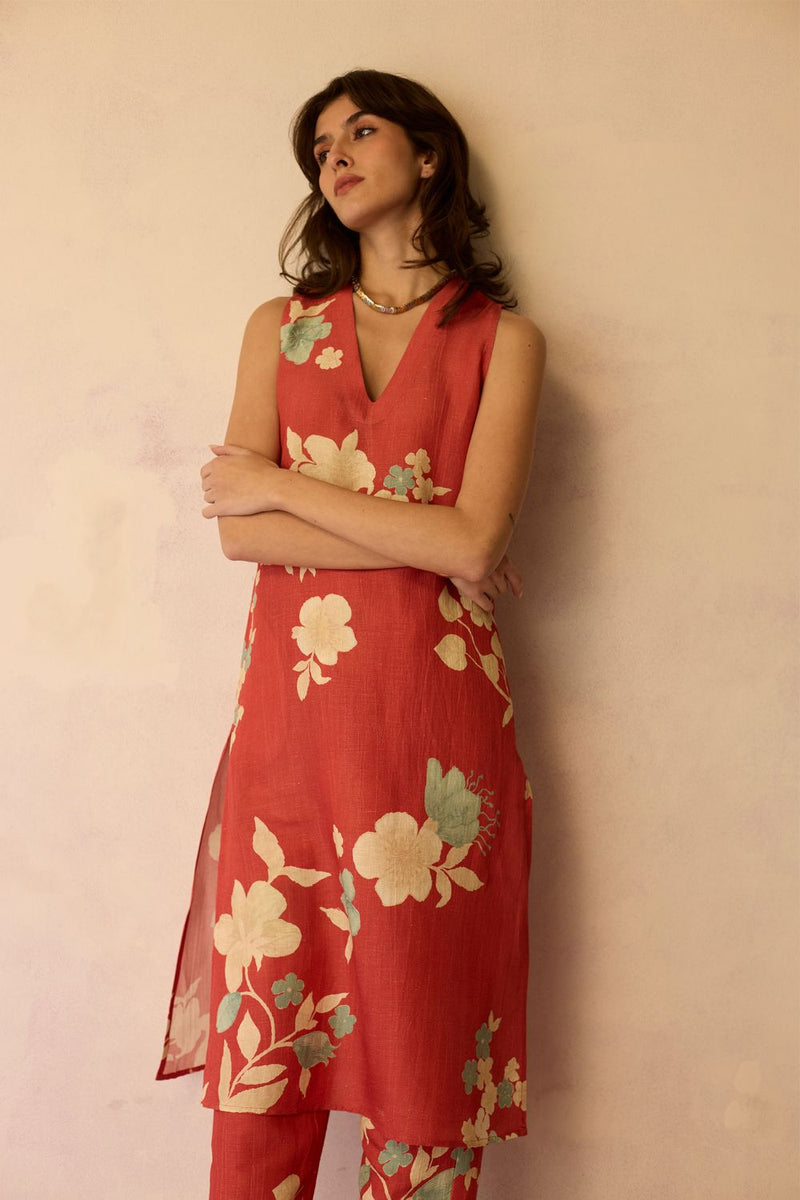 Hibiscus Anaar V-Neck Co-ord Set - Coral cotton by World of SiSa for women Worldwide