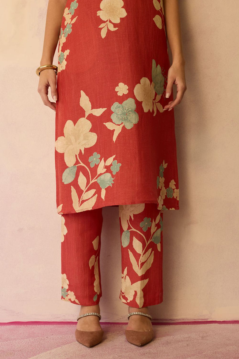 Hibiscus Anaar V-Neck Co-ord Set - Coral cotton by World of SiSa for women Worldwide