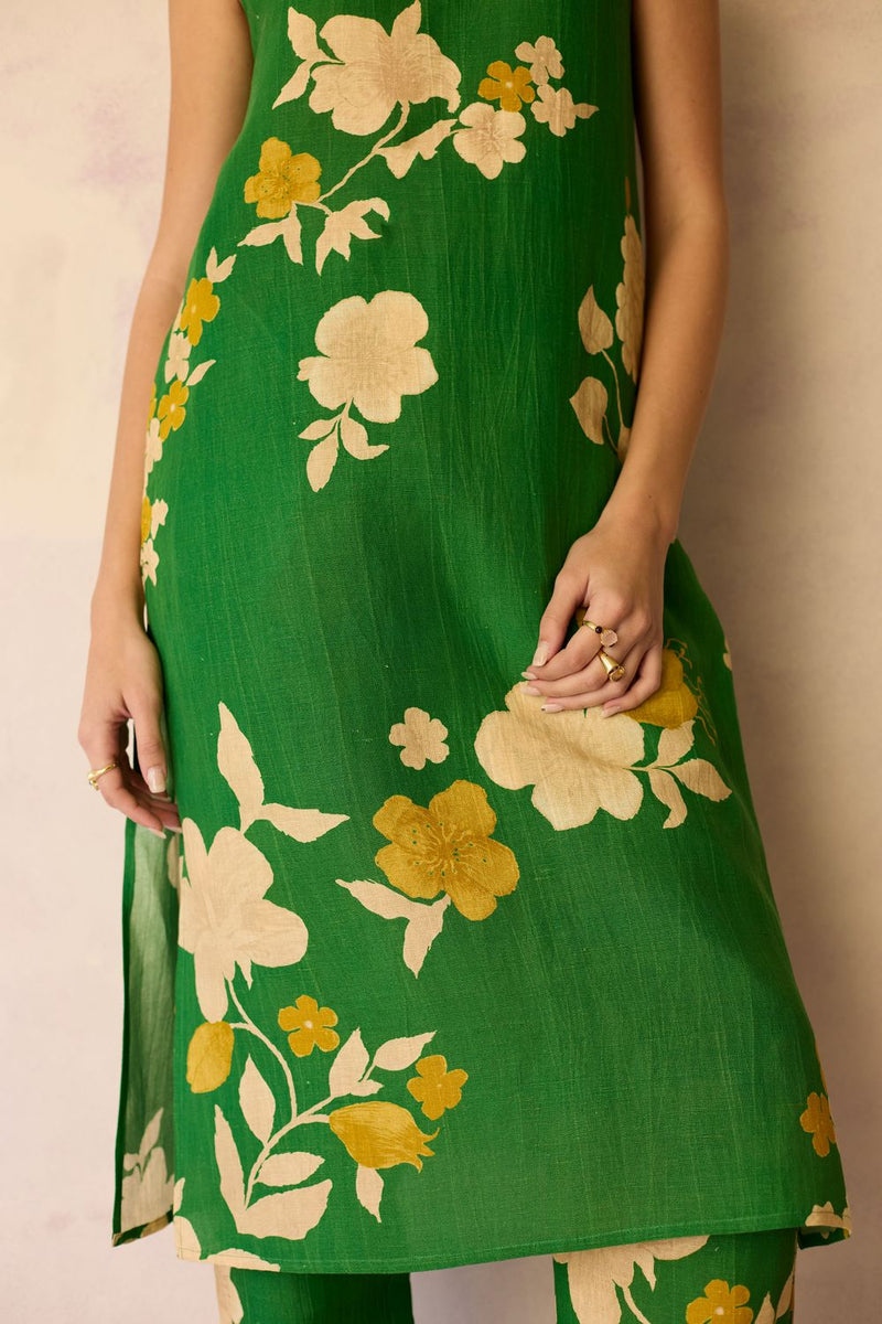 Hibiscus Anaar V-Neck Co-ord Set - Fern cotton by World of SiSa for women Worldwide