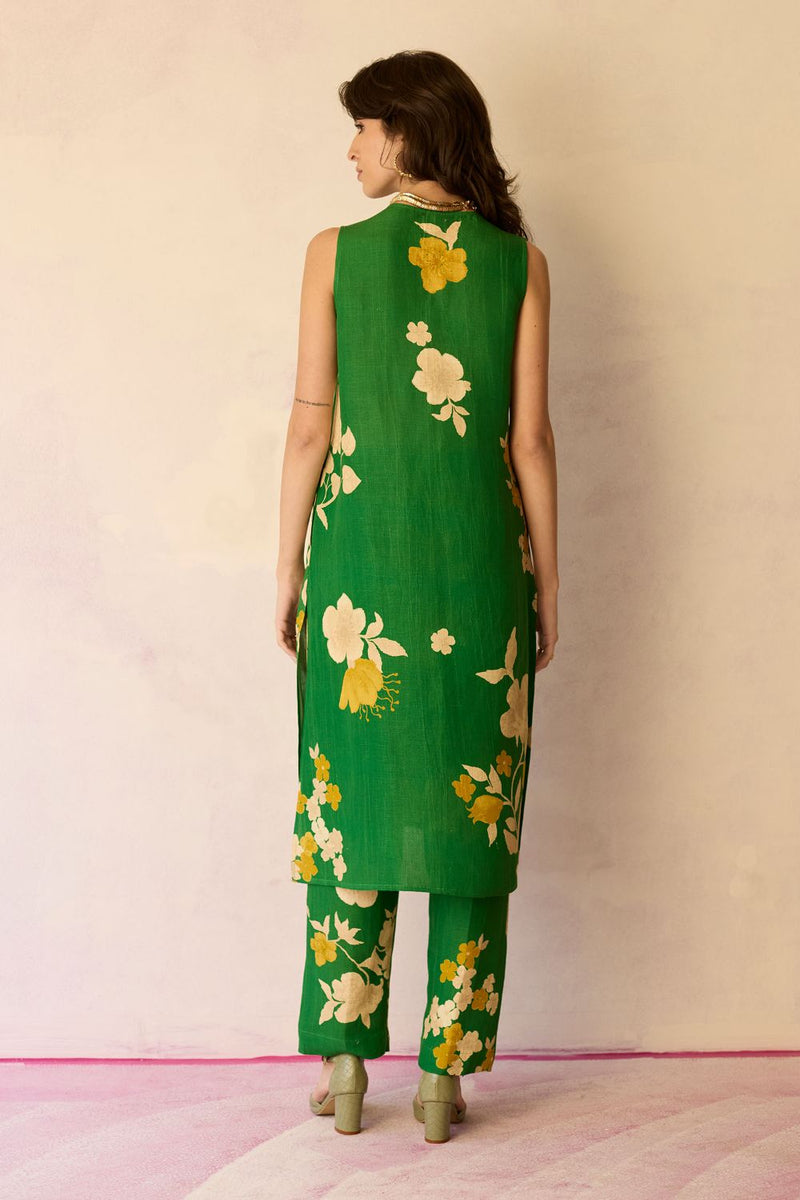 Hibiscus Anaar V-Neck Co-ord Set - Fern cotton by World of SiSa for women Worldwide