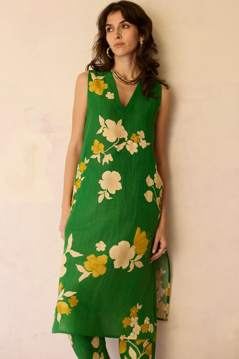 Hibiscus Anaar V-Neck Co-ord Set - Fern cotton by World of SiSa for women Worldwide