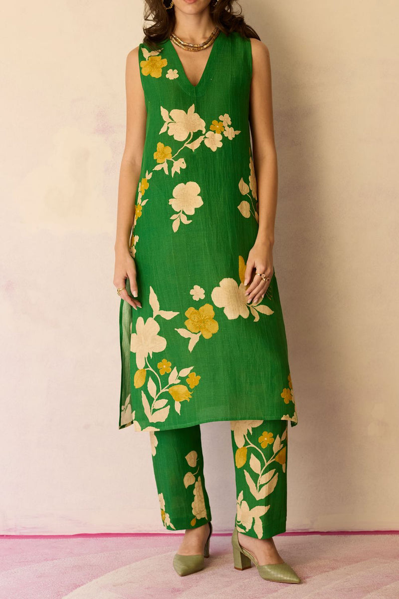 Hibiscus Anaar V-Neck Co-ord Set - Fern cotton by World of SiSa for women Worldwide