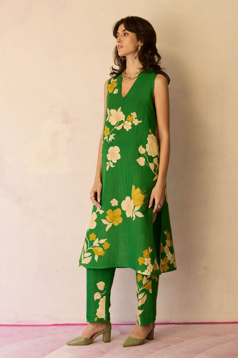 Hibiscus Anaar V-Neck Co-ord Set - Fern cotton by World of SiSa for women Worldwide