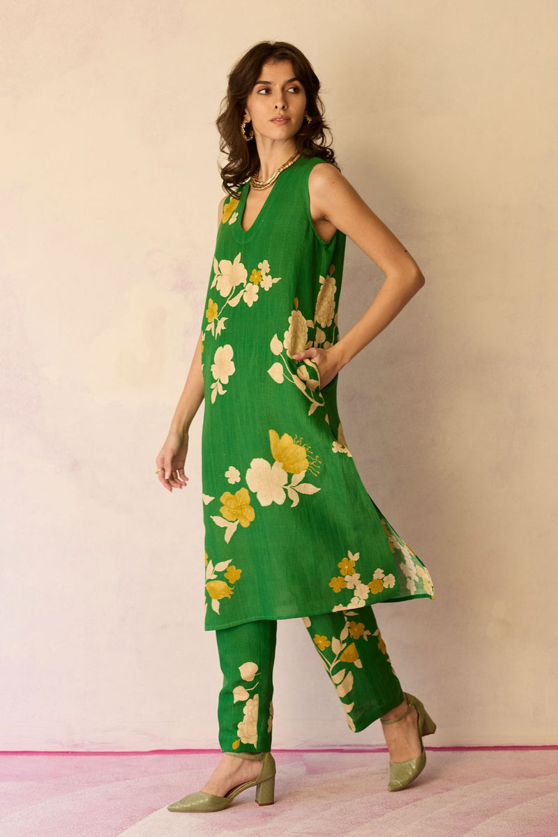 Hibiscus Anaar V-Neck Co-ord Set - Fern cotton by World of SiSa for women Worldwide
