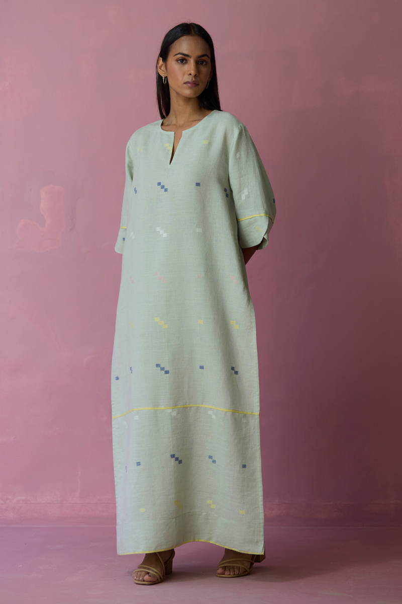 Rina Jamdani Linen Co-ord Set - Aqua all linen by Manan for women Worldwide