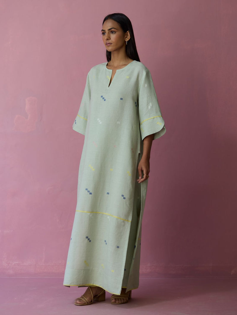 Rina Jamdani Linen Co-ord Set - Aqua all linen by Manan for women Worldwide