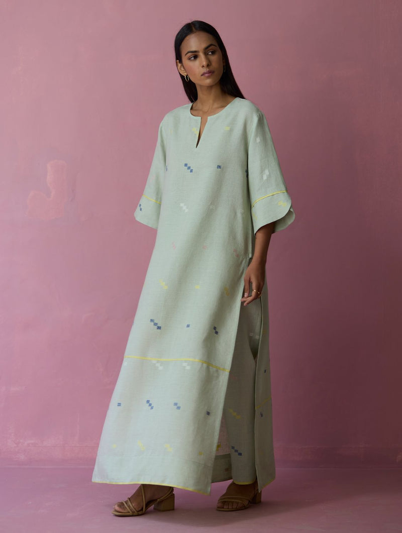 Rina Jamdani Linen Co-ord Set - Aqua all linen by Manan for women Worldwide