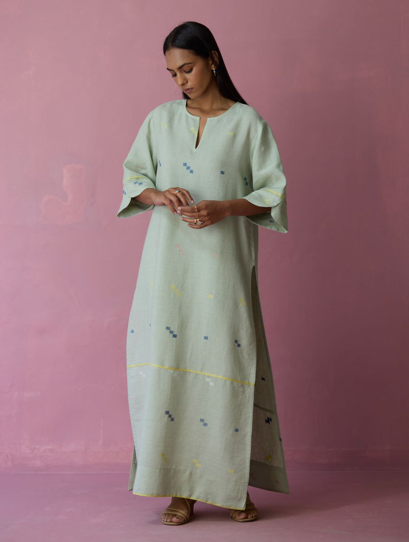 Rina Jamdani Linen Co-ord Set - Aqua all linen by Manan for women Worldwide
