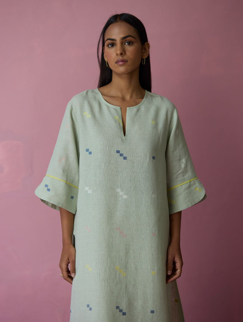 Rina Jamdani Linen Co-ord Set - Aqua all linen by Manan for women Worldwide