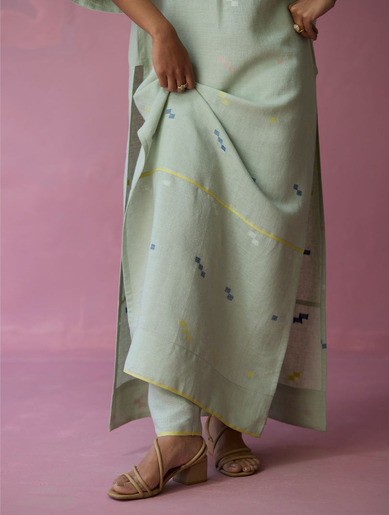 Rina Jamdani Linen Co-ord Set - Aqua all linen by Manan for women Worldwide